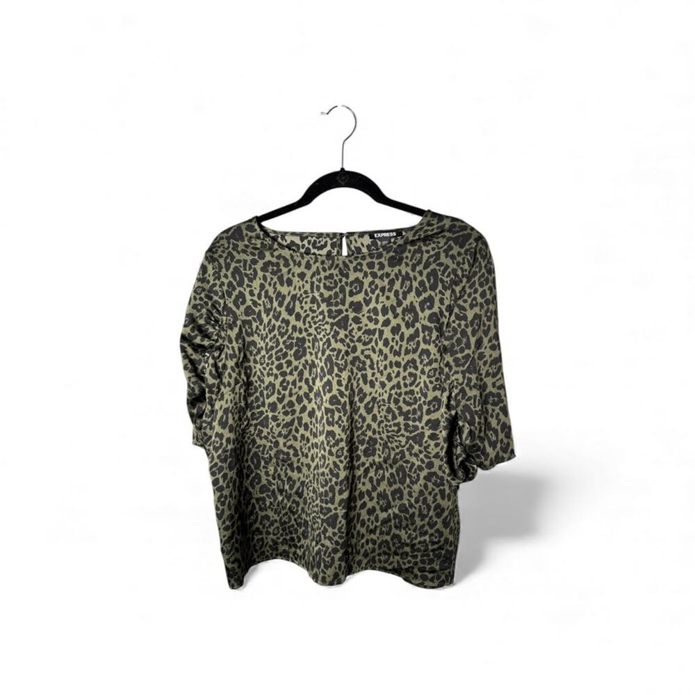 Express Green Black Leopard Print Ruffle Blouse Top Large
